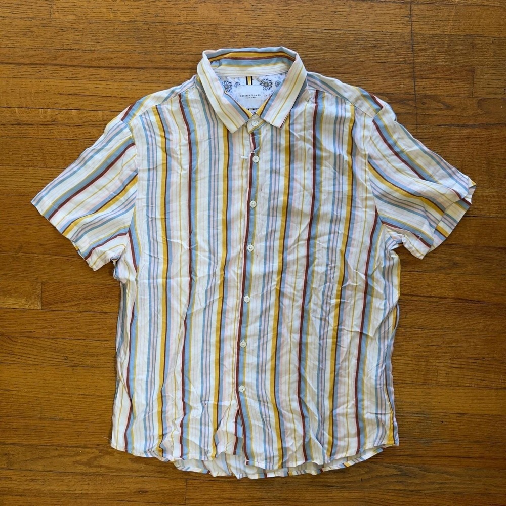 New Denim & Flower Striped Shirt Short Sleeve Button Up Casual Colorful‎ Mens L